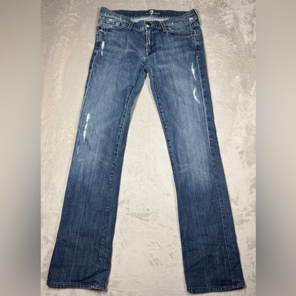 7 For All Mankind Women’s Bootcut Zip Fly Distressed Denim Blue Jeans Size 28 - Picture 1 of 16